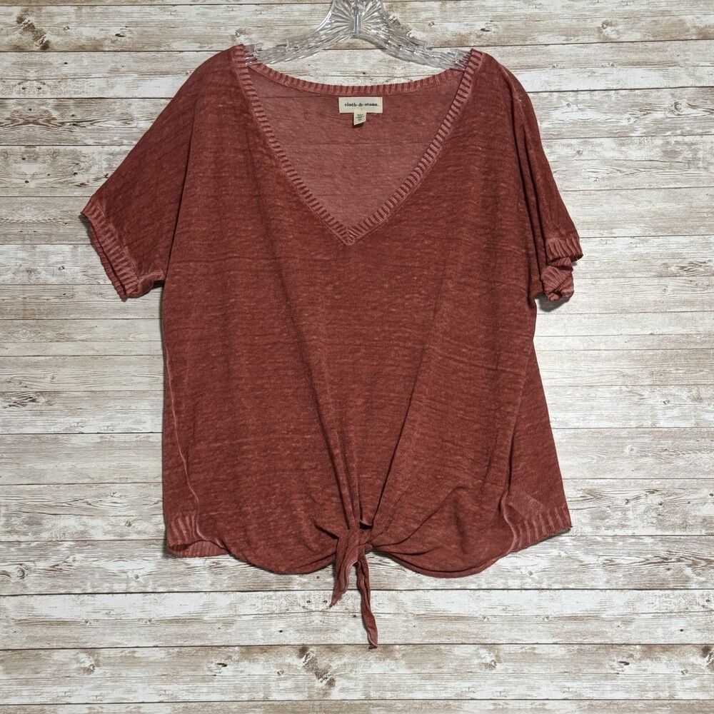 Anthropologie Cloth & Stone Dusty Red Top Linen Blend Sz M Lightweight Tie Hem